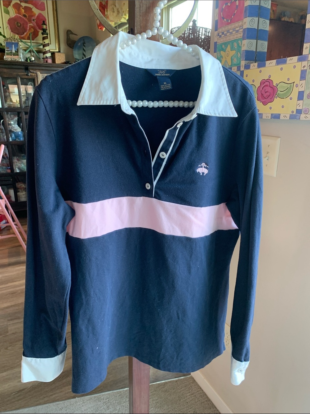 346 Brooks Brothers Polo Shirt LS Navy white collar Pink Stripe Size XL